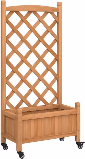 Fioriera a rialzato letto piante fiori terrazza giardino con traliccio e ruote in legno massello di abete marrone 02_0038372