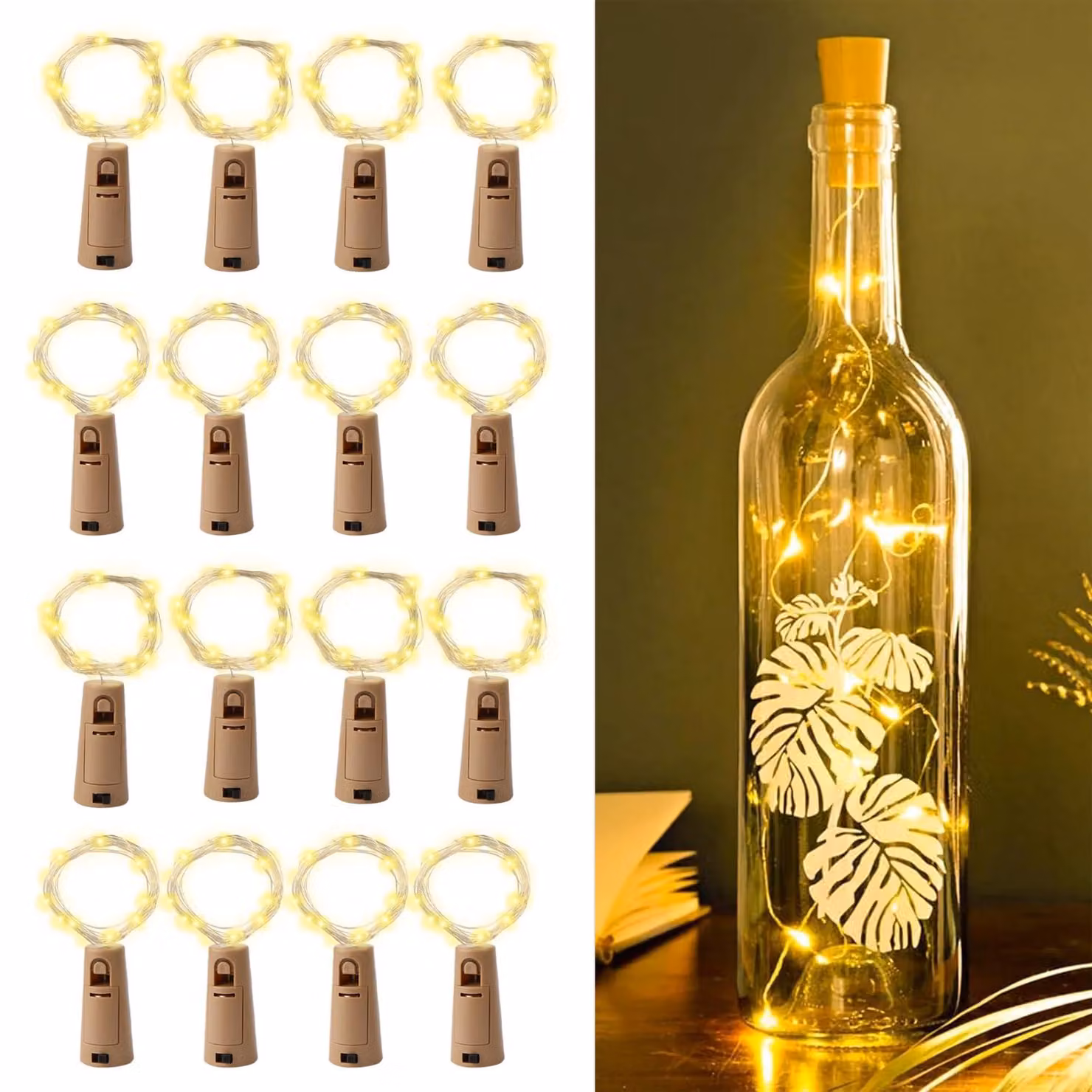 Luci a LED per bottiglie, set da 20, luce bianco caldo, alimentate a batteria, cavo da 2 metri