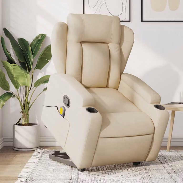 vidaXL Poltrona Alzapersona Reclinabile con Massaggio Beige in Tessuto