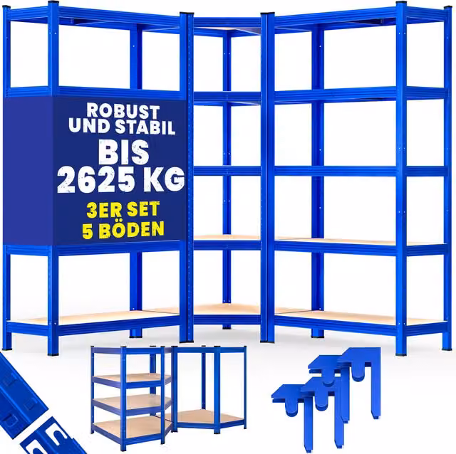 Set di 3 scaffali angolari in acciaio MONZANA blu, portata 875 kg per scaffale, H: 180 cm, L: 70 cm, P: 40 cm – 1