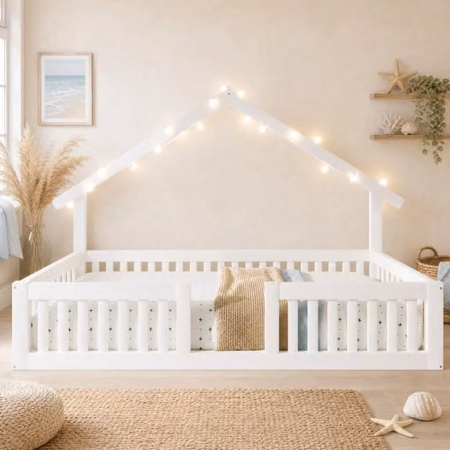 Letto a casa in legno 90x200 cm con protezione anti-caduta e catena LED bianca