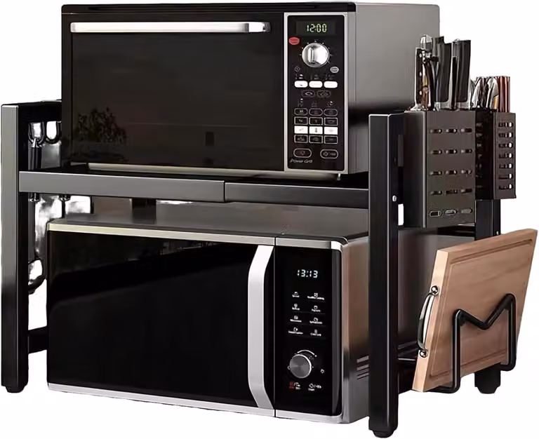 Ripiano estensibile per microonde, con 2 livelli, realizzato Acciaio al carbonio. Portaoggetti da cucina freestanding con supporto per bottiglie e piano di taglio