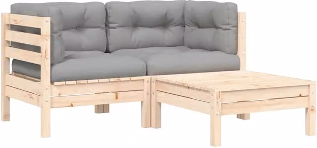 Set Divani da Giardino 3 pz | Set Salotto da Giardino con Cuscini Grigi Massello di Pino