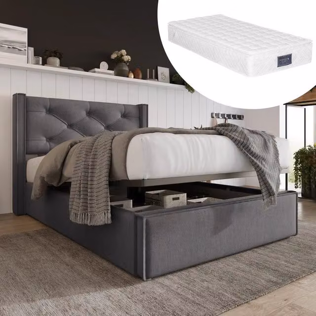 Letto imbottito singolo idraulico contenitore ¨C Minimal ¨C grigio tessuto 90x200cm con materasso rete a doghe in metallo