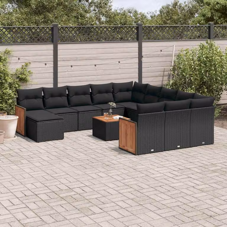 Set di divani da giardino vidaXL 13 pezzi in polyrattan nero con cuscini e tavolino da esterno