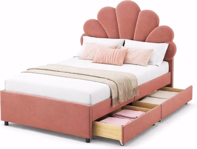 Letto singolo imbottito 90x200 cm con 2 cassetti e rete a doghe in velluto rosa
