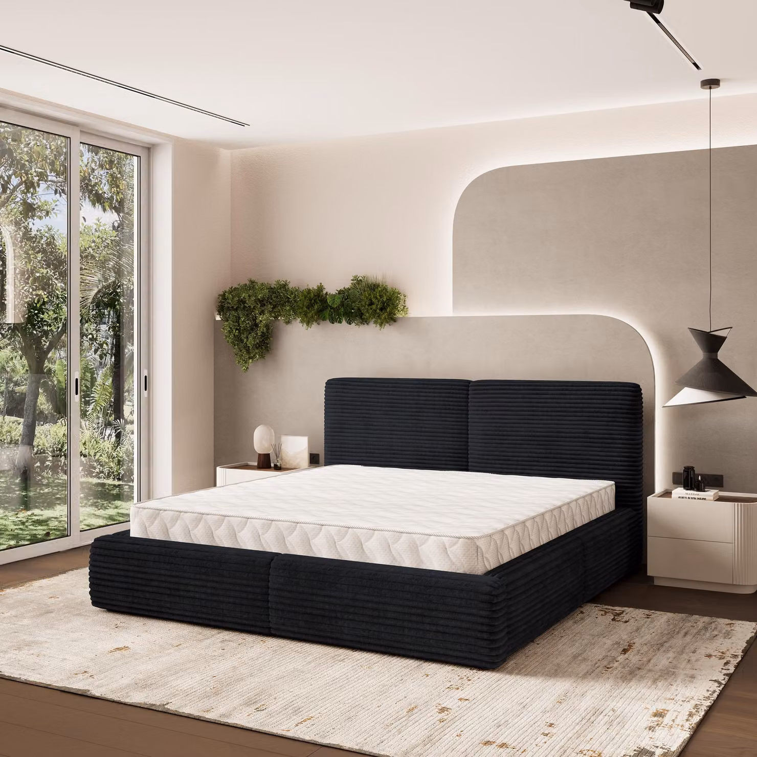 Letto imbottito Masseno FELURO 160x200 cm, letto imbottito con cassetti - Nero, TILIA 100