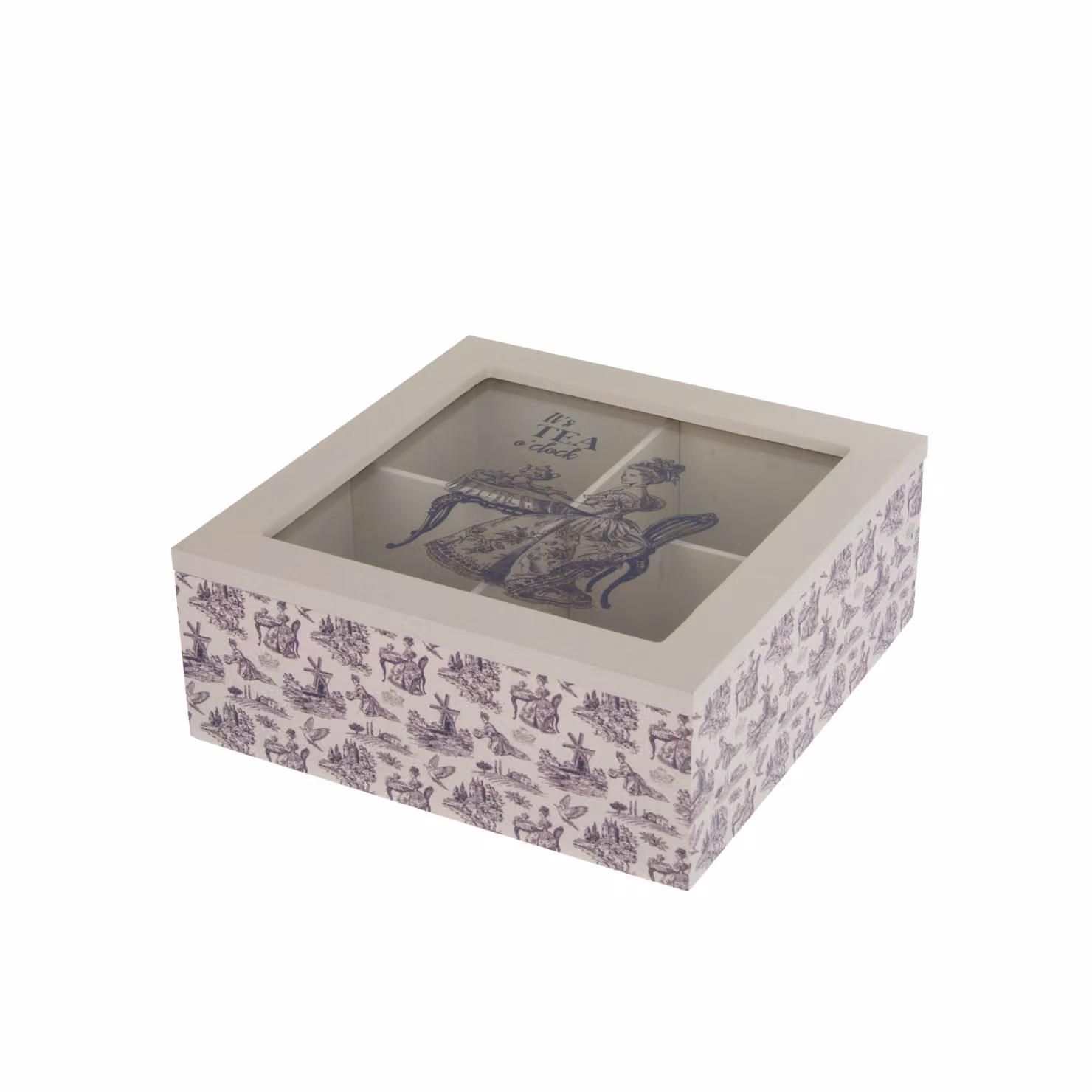 Scatola per tè con 4 scomparti in legno e cartone, grigio e bianco, L/P/H: 18 x 18 x 7 cm – 2