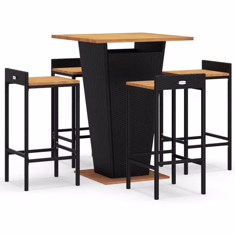 Set Bar Giardino 5 pz Nero Polyrattan e Legno Massello Acacia