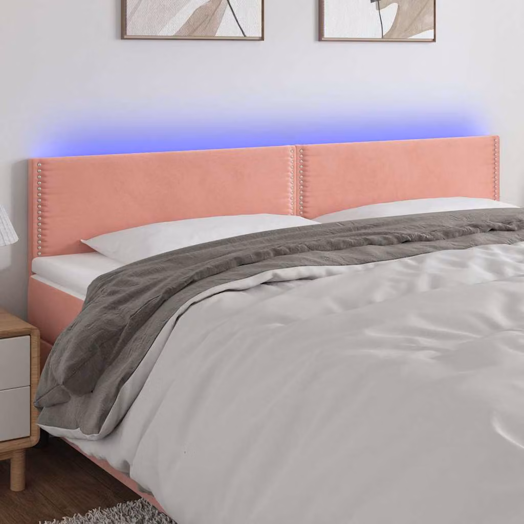 Testiera per letto vidaXL in velluto rosa con illuminazione LED e porta di ricarica USB, L: 160 cm, P: 5 cm, H: 78-88 cm