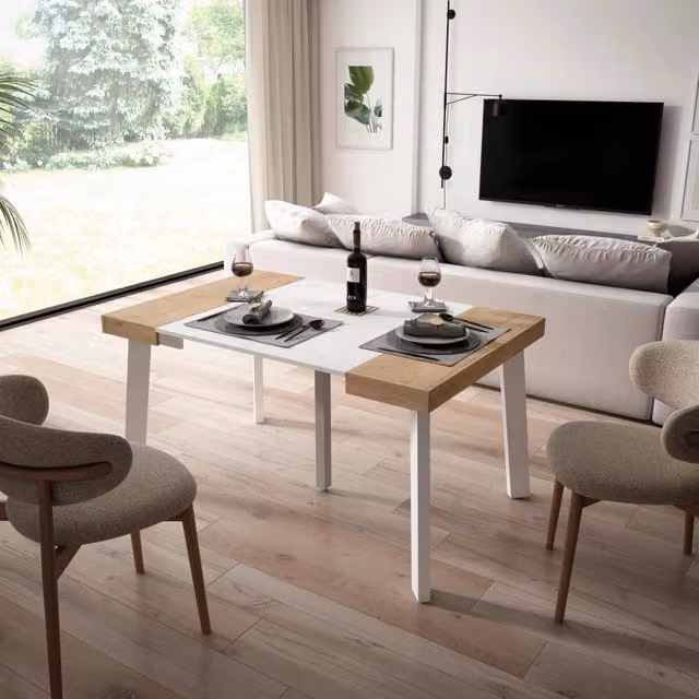 Consolle allungabile, 140x90x73cm, Per 6 persone, Gambe in legno, colore Rovere e bianco RF3122