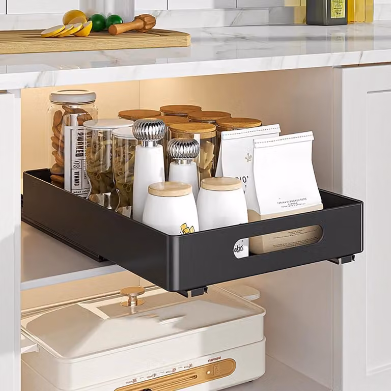 Cassetto estraibile per armadio - Organizer per cucina - Ferro - 1 ripiano - Montaggio autoadesivo - Nero