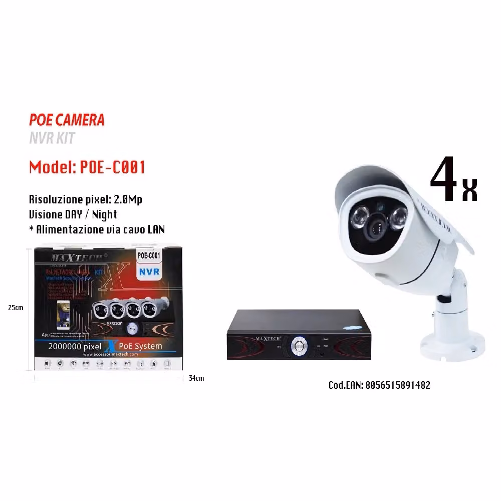 Sistema di videosorveglianza Maxtech PoE-C001 con 4 telecamere Full HD, connessione Ethernet e controllo tramite App gratuita, colore bianco – 2