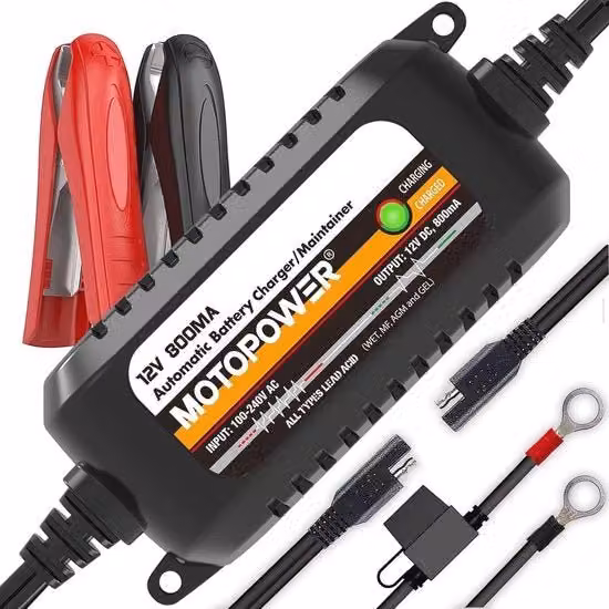 Caricabatteria automatico 12V 800mA nero per auto, motocicli e camper con connettore SAE