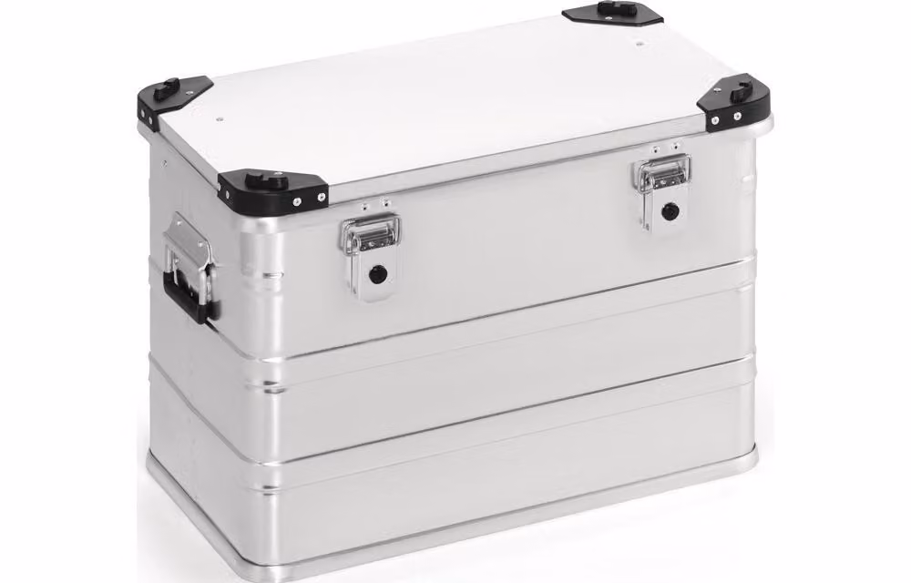 Cassetta in alluminio L582xL385xH410mm 76l con coperchio incernierato e angoli impilabili