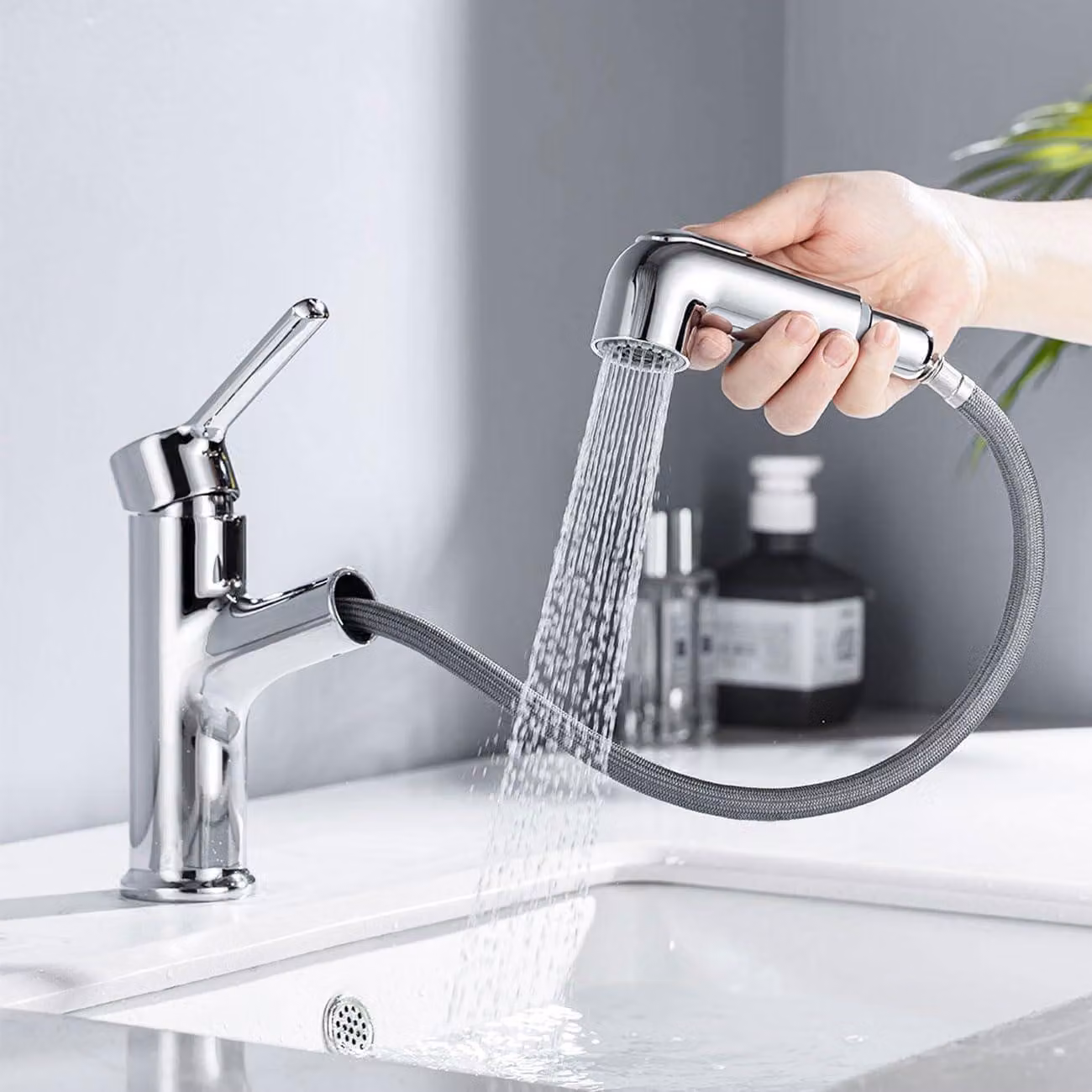 Miscelatore per lavabo, con doccetta estraibile, 2 getti, cromato, per bagno