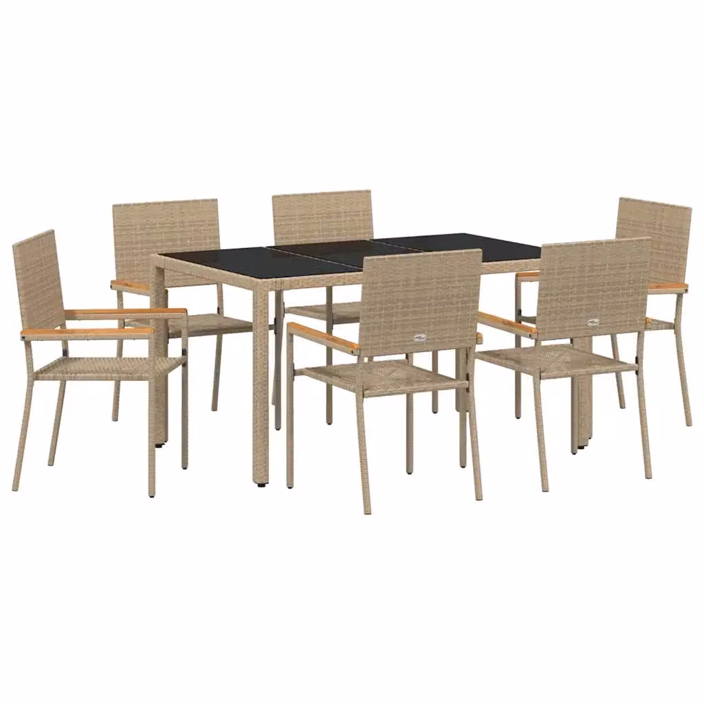 Set da pranzo per giardino e terrazza vidaXL in polyrattan e legno di acacia beige e marrone con tavolo in vetro, 7 pezzi – 2