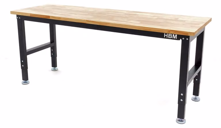 Banco da lavoro regolabile, 152 cm con pianale in legno duro e 4 piedi,per officina, garage, ufficio, Hbm