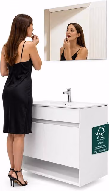 Set Completo Mobile da Bagno Sospeso 85.5cm Due Ante Bianco Specchio e Accessori