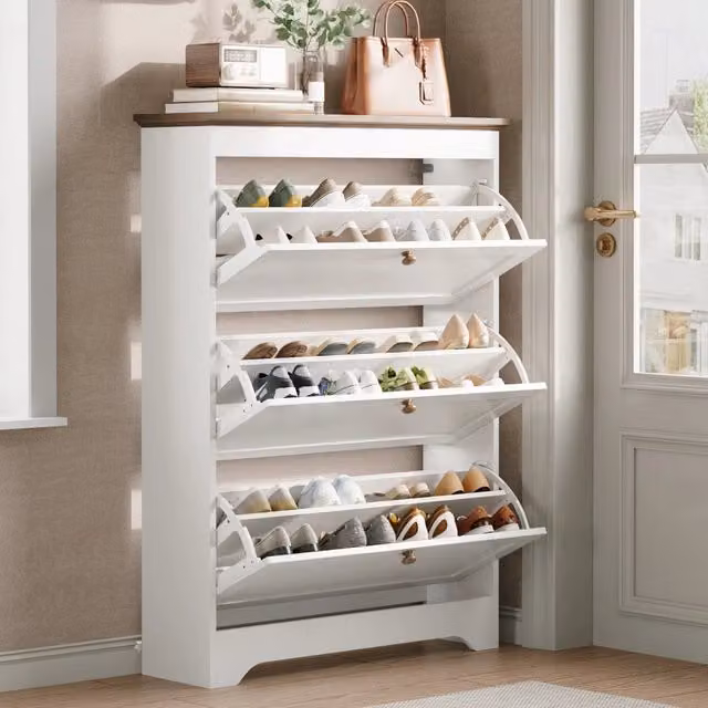 Scarpiera stretta con 3 ante a ribalta ammortizzate e piano superiore per ingresso in MDF bianca 87 × 26 × 120 cm