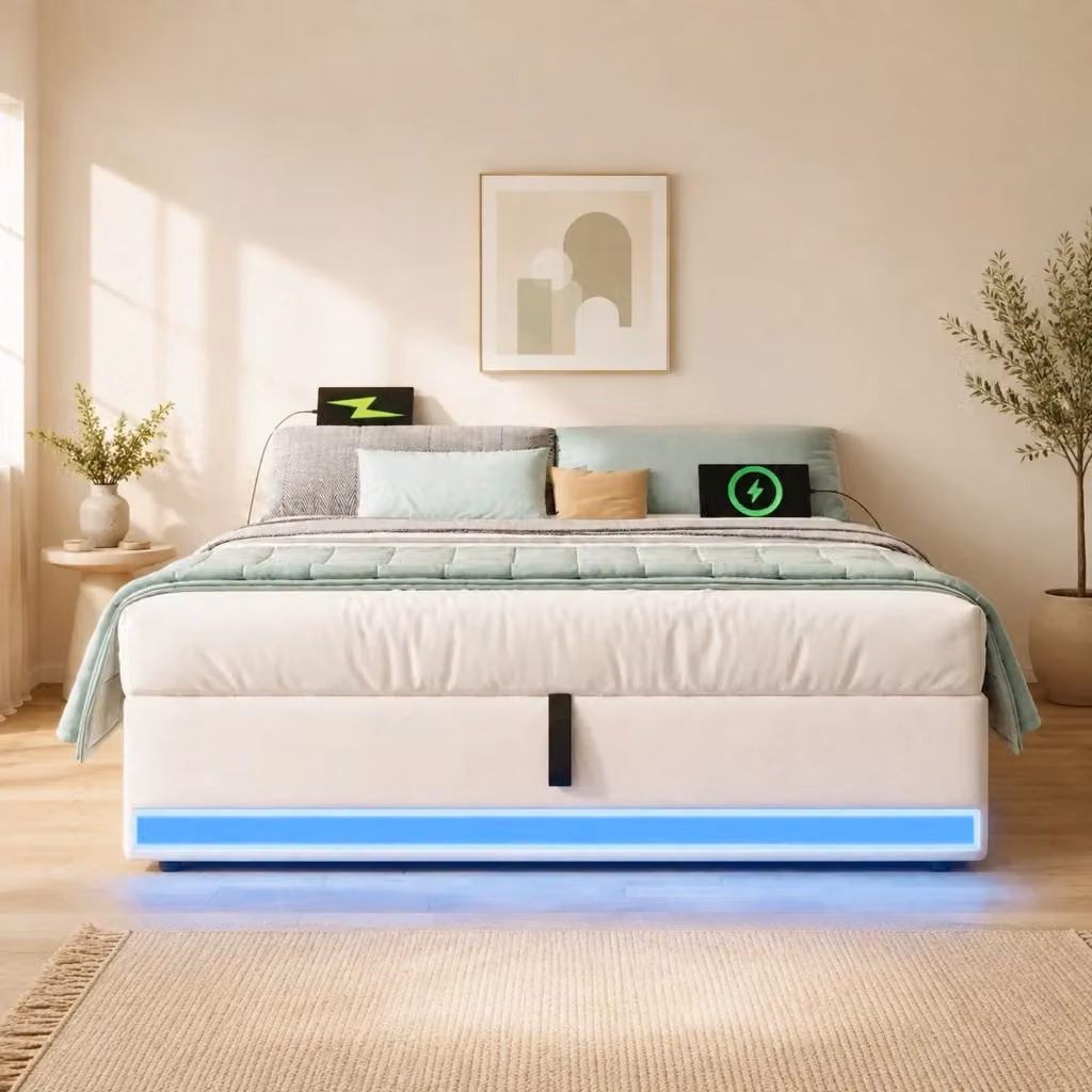 Letto contenitore Mivray in tessuto beige con illuminazione LED, porte USB e Type-C, L/P/H: 140 x 200 x 32 cm – 2