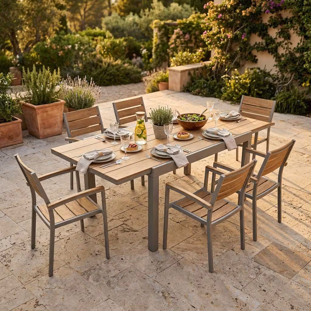 Milani Home - Set Tavolo E Sedie Da Giardino Per Esterno In Alluminio E Legno Resistente Di Teak Cm 160/240x95x75 H Con 6 Sedute - Taupe