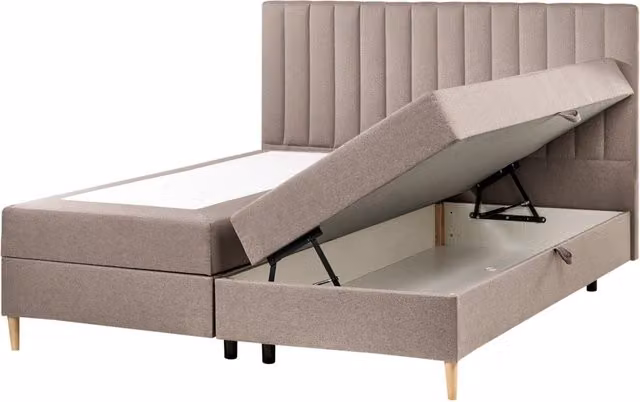 Divano letto matrimoniale Beliani con contenitore sollevabile e testiera imbottita, colore beige, L/P: 180 x 200 cm