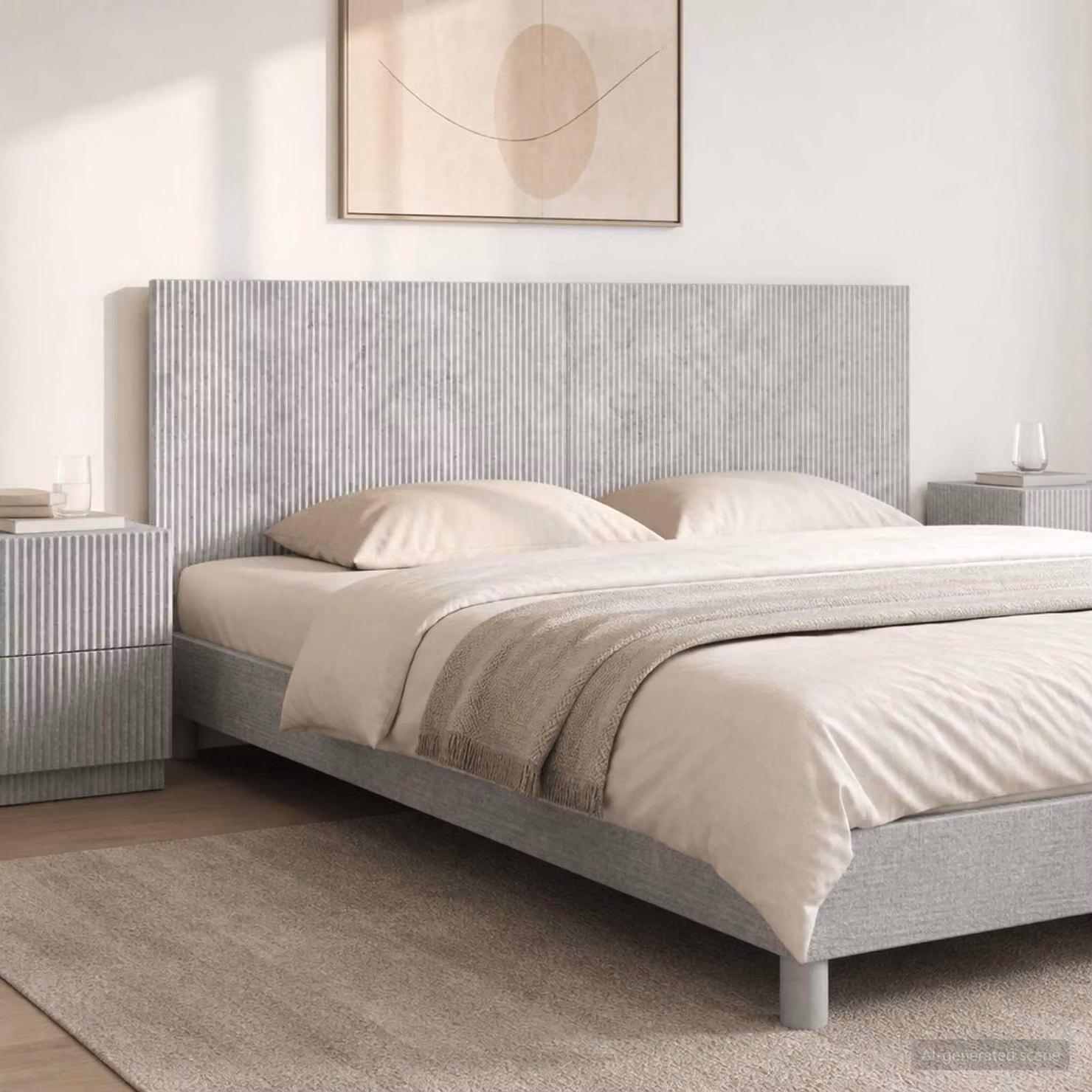 Testiera da muro vidaXL ARNHEM in tessuto grigio con ripiano integrato e pannello imbottito in legno ingegnerizzato L: 200 cm, H: 50 cm, P: 3 cm