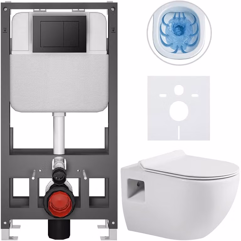 Set completo per WC a pavimento Dure - bianco lucido - pulsante Prime/Maxio, nero - modello autoportante - installazione a parete/con pannelli in cartongesso - 51x35 cm