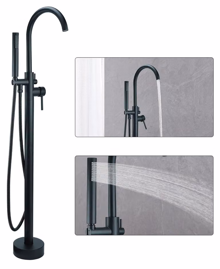 Rubinetto da bagno freestanding, nero, con doccetta manuale in ottone