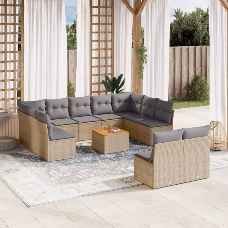 vidaXL Set Divano da Giardino 12 pz a forma di U in Polyrattan con Cuscini Beige e Grigio e Tavolino da Esterno