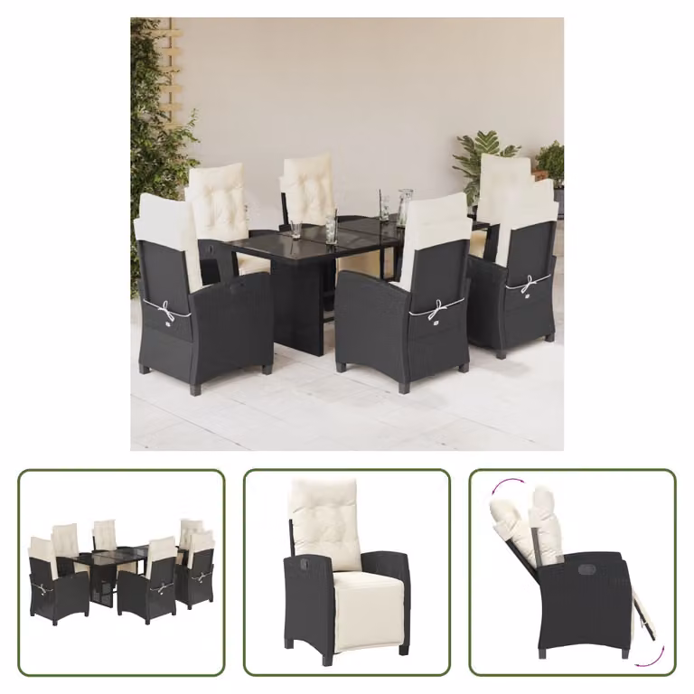 The Living Store Set da pranzo da giardino 7 pezzi con cuscini in polirattan nero