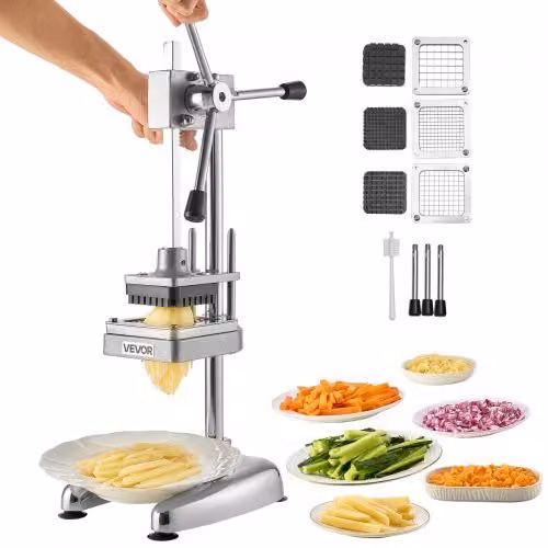 VEVOR Tagliapatate Commerciale, Tagliaverdure, Tagliafrutta in Acciaio Inossidabile con 3 Lame di Ricambio,12,7/9,525/6,35 mm, Tagliapatate Manuale con Maestria per Ristoranti, Caffè, Bistrot