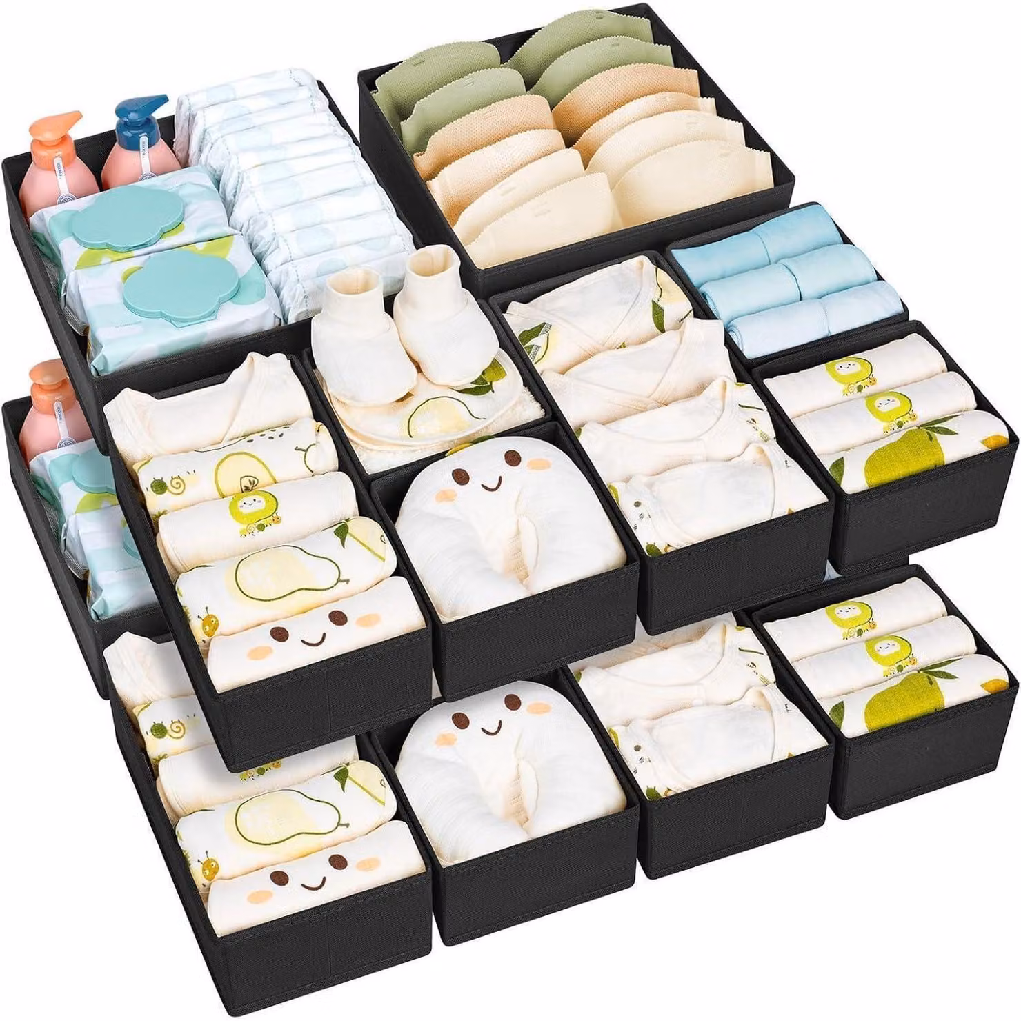 Set di 15 organizer per cassetti, scatole pieghevoli in tessuto per riporre vestiti, calze e biancheria intima, colore nero