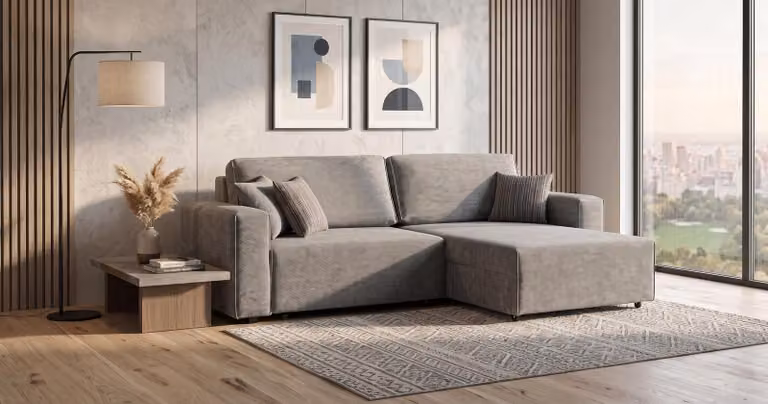Divano angolare grigio moderno, forma a L, rivestito in tessuto di alta qualità, elegante e confortevole