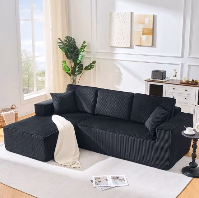 Divano angolare modulare a L; 2 posti con chaise longue; 235 x 128 x 60 cm; velluto a coste nero
