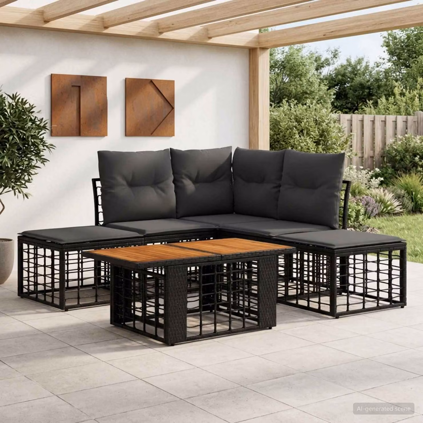 Set Divano da Giardino vidaXL 6 pz in Polyrattan con Tavolino e Cuscini, Colore Nero e Grigio