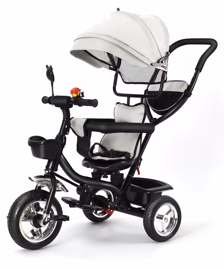 Triciclo Kinder - Triciclo a spinta - Sedile girevole - Pieghevole - Cappottina parasole - Maniglia di spinta - Cestino - Adatto per bambini da 1 a 2 anni - Grigio