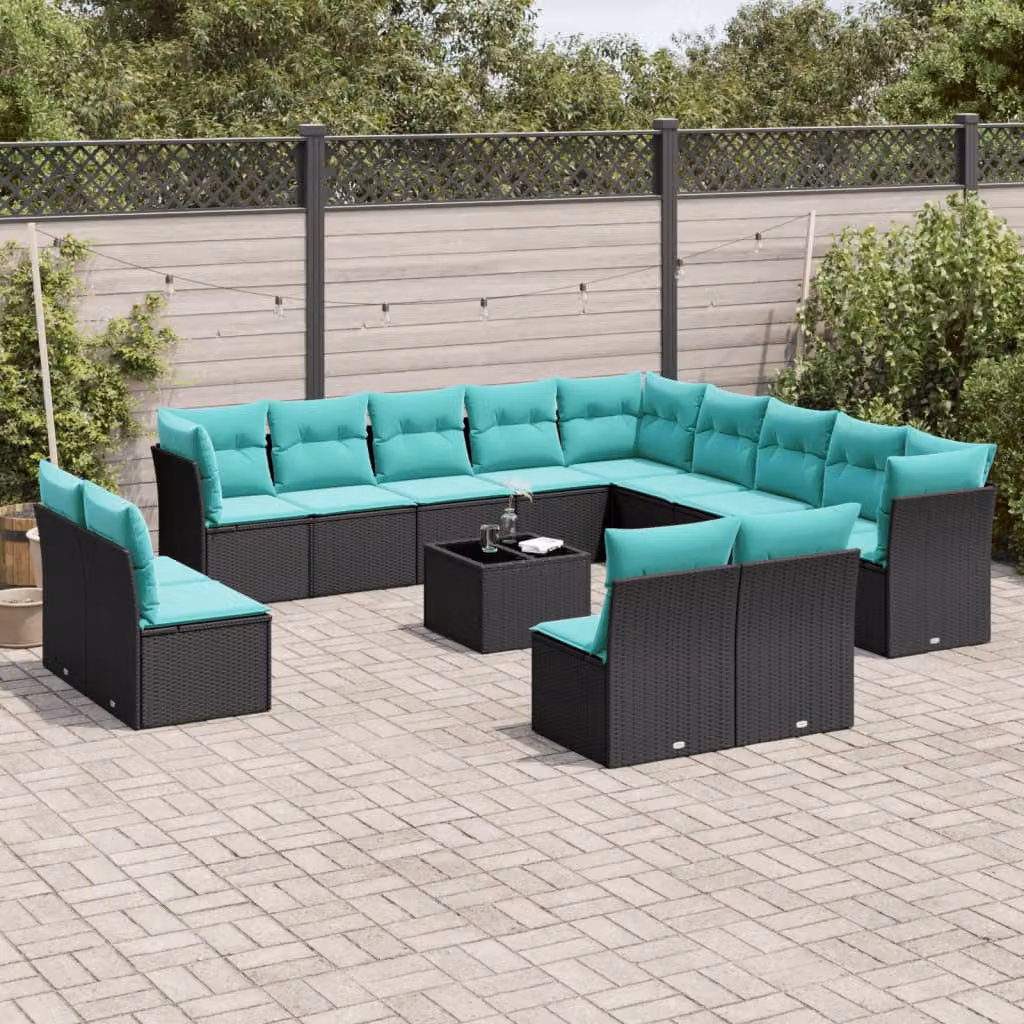 Set di divani da giardino vidaXL in polyrattan nero con cuscini blu e tavolino da esterno a forma di U