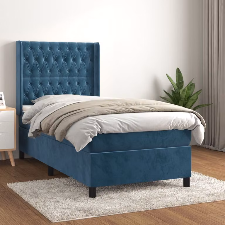 The Living Store Letto a molle con materasso blu scuro 100x200 cm in velluto
