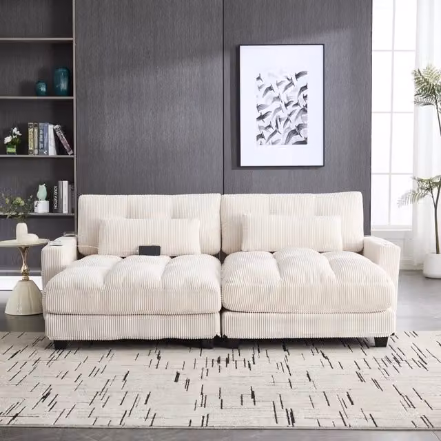 Divano due posti in velluto a coste 224 cm; modulare e divisibile in due poltrone; beige; per soggiorno