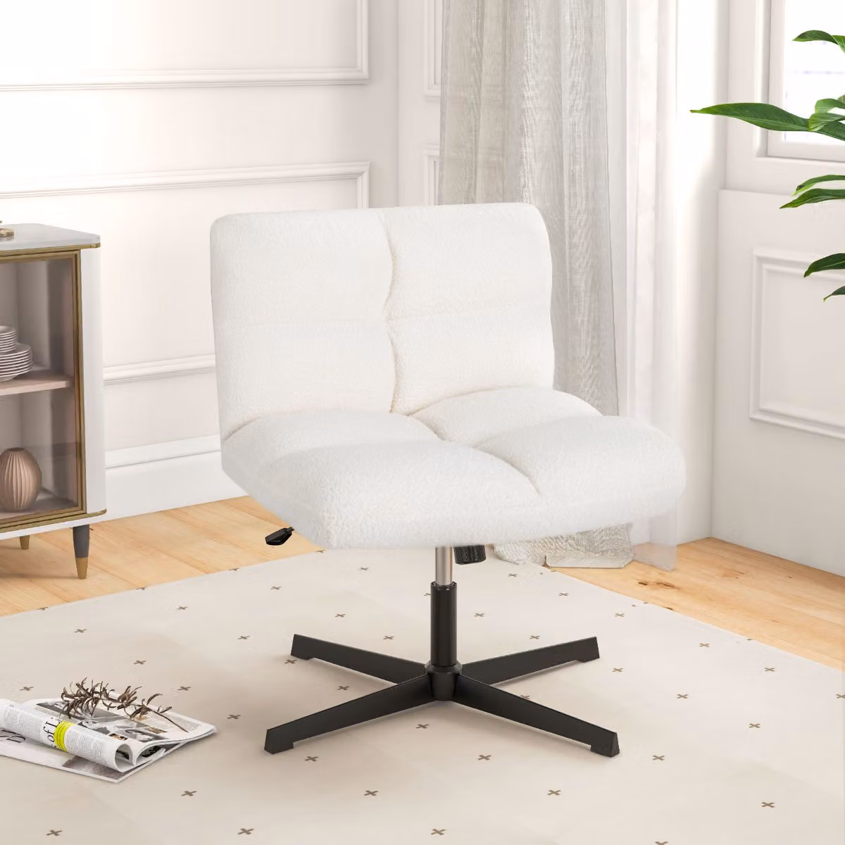 Sedia da ufficio Costway senza braccioli regolabile in altezza, sedia da scrivania moderna con seduta ampia in tessuto beige e bianco per home office