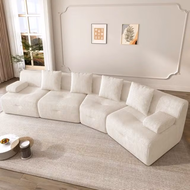 Divano modulare 4 posti ULEVR 311x90x65 cm in velluto a coste beige chiaro, con 4 moduli indipendenti