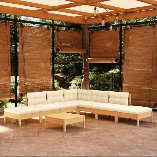 Set Salotto da Giardino 8 pz con Cuscini Crema in Legno di Pino 3096328