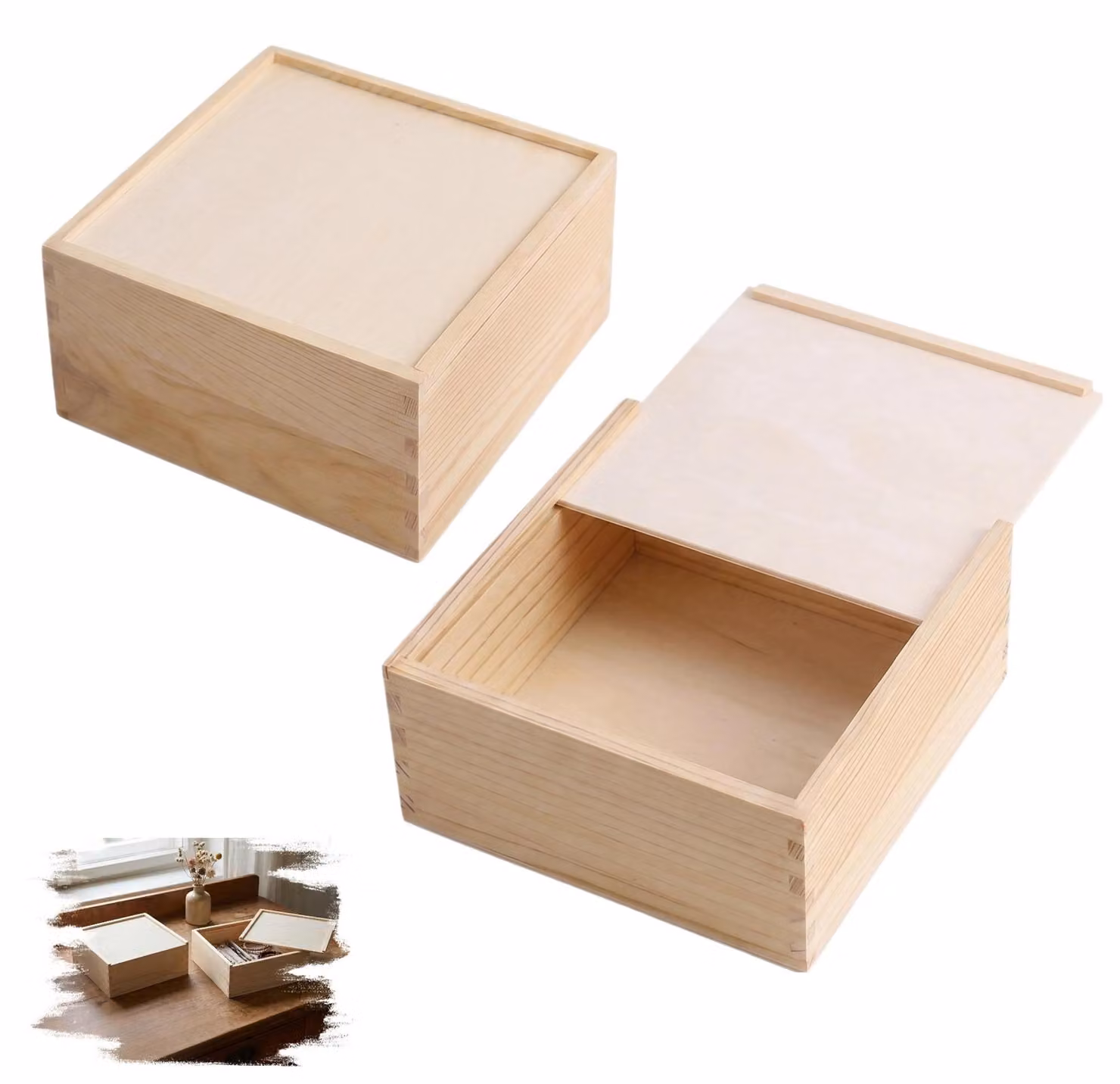 Set di 2 scatole di legno quadrate con coperchio scorrevole