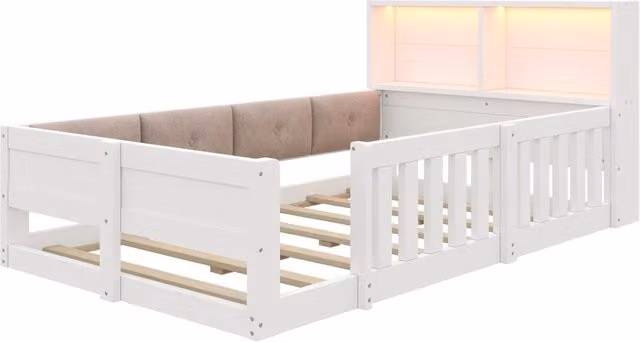 Letto per bambini con testiera imbottita in tessuto velvet, base contenitore a sollevamento e illuminazione LED sottostante, bianco, L/P: 200 x 90 cm