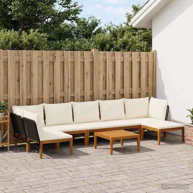 Set da giardino a forma di L vidaXL in legno di acacia con divano a 3 posti, tavolino da caffè e pouf, colore beige e bianco