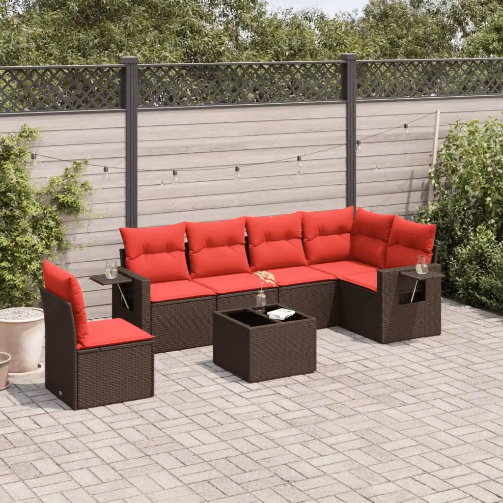 Set di divani da giardino vidaXL a forma di U composto da 7 pezzi con tavolino e cuscini, colore marrone e rosso, in rattan e metallo con coperture rimovibili resistenti ai raggi UV