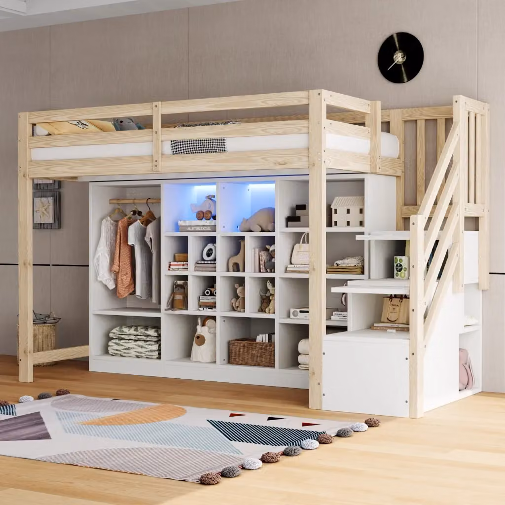 Letto a soppalco singolo REDOM in legno e MDF bianco e beige con scala a gradini, vani laterali e illuminazione LED, L/P: 90 x 200 cm – 2