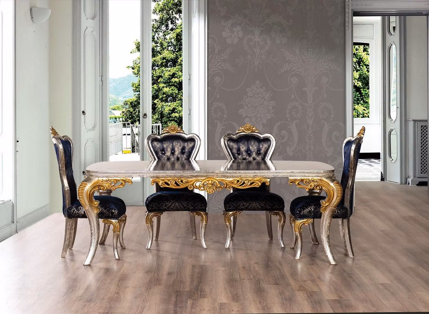 Esszimmer Set Silber Gold Essgruppe Tisch + 4x Lehnstuhl Chesterfield